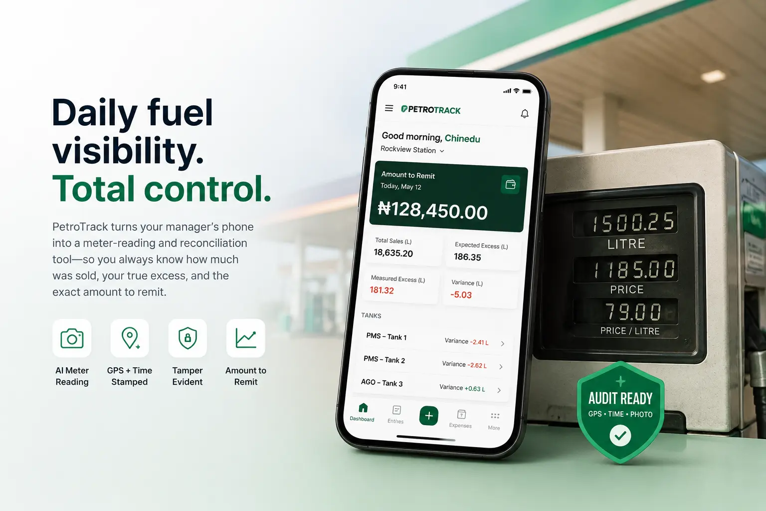 PetroTrack dashboard showing amount to remit, total sales, expected vs measured excess, and per-tank variance next to a fuel-pump meter